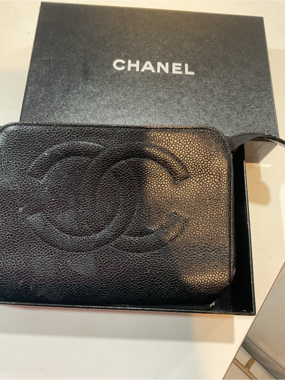 CHANEL Black Quilted Caviar Leather Zip Wallet